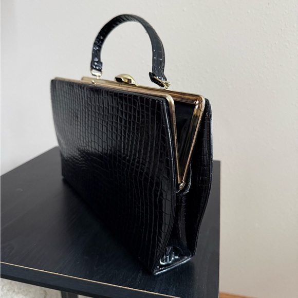 Vintage Black Croc Embossed Top Handle Clutch Prom Wedding